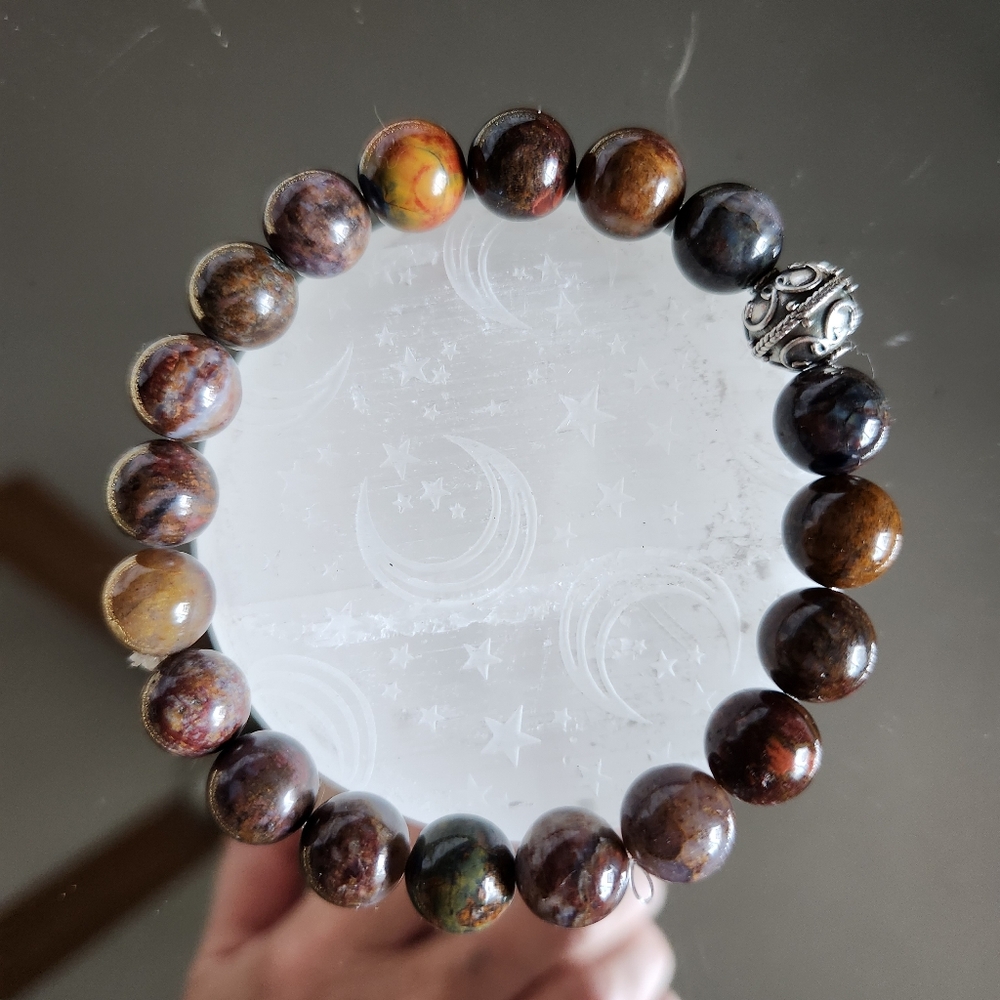 Petersite Bracelet RARE 10mm Stretch w/925 Bali Focal Bead